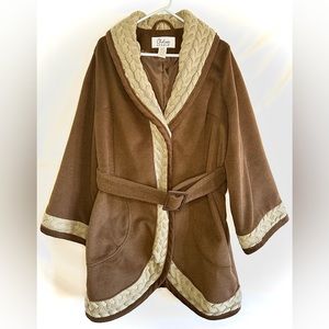 Vintage Chelsea Studio Brown Coat Single Button & Belt Soft Cable Knit Trim 16W